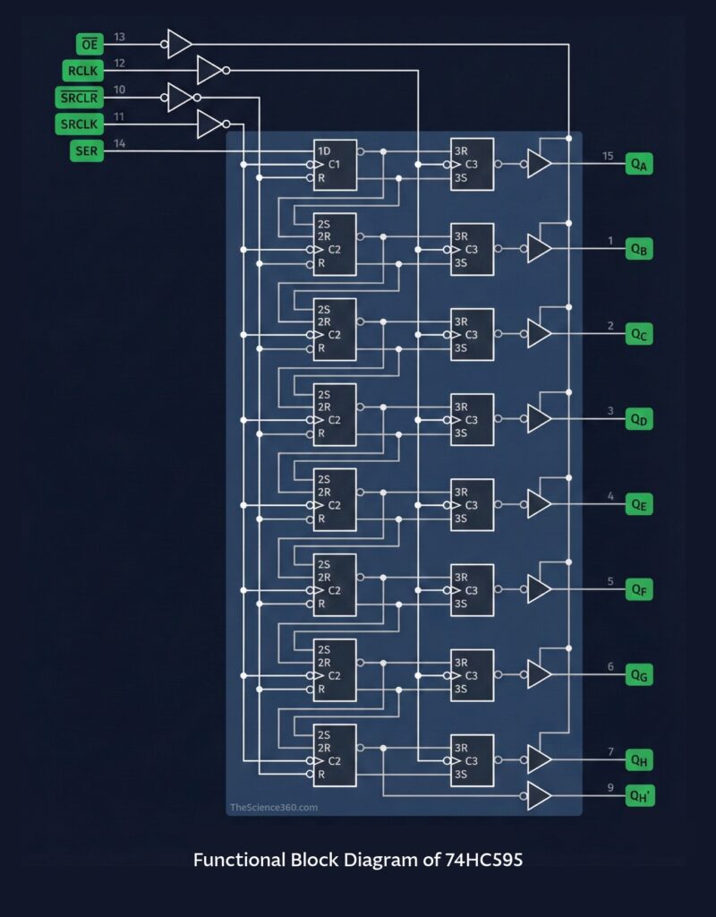 A functional block diagram of the 74HC595 shift register integrated circuit. The diagram displays the internal logic structure against a dark background. On the left, five green input blocks (OE, RCLK, SRCLR, SRCLK, SER) connect via logic gates to a central array of flip-flops. This array is divided into two vertical columns: an 8-stage shift register on the left and an 8-bit storage register on the right. On the right side, the diagram shows eight green parallel output blocks labeled QA through QH, along with a serial output block labeled QH'. Pin numbers are indicated next to each input and output label.