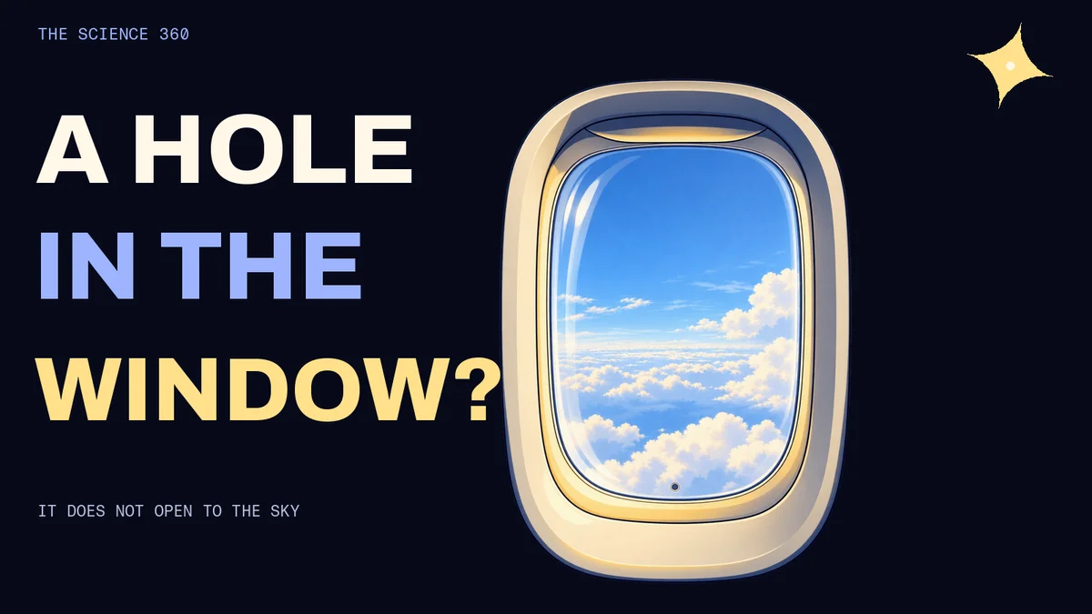 Illustration of an airplane window with a small hole in its inner pane.