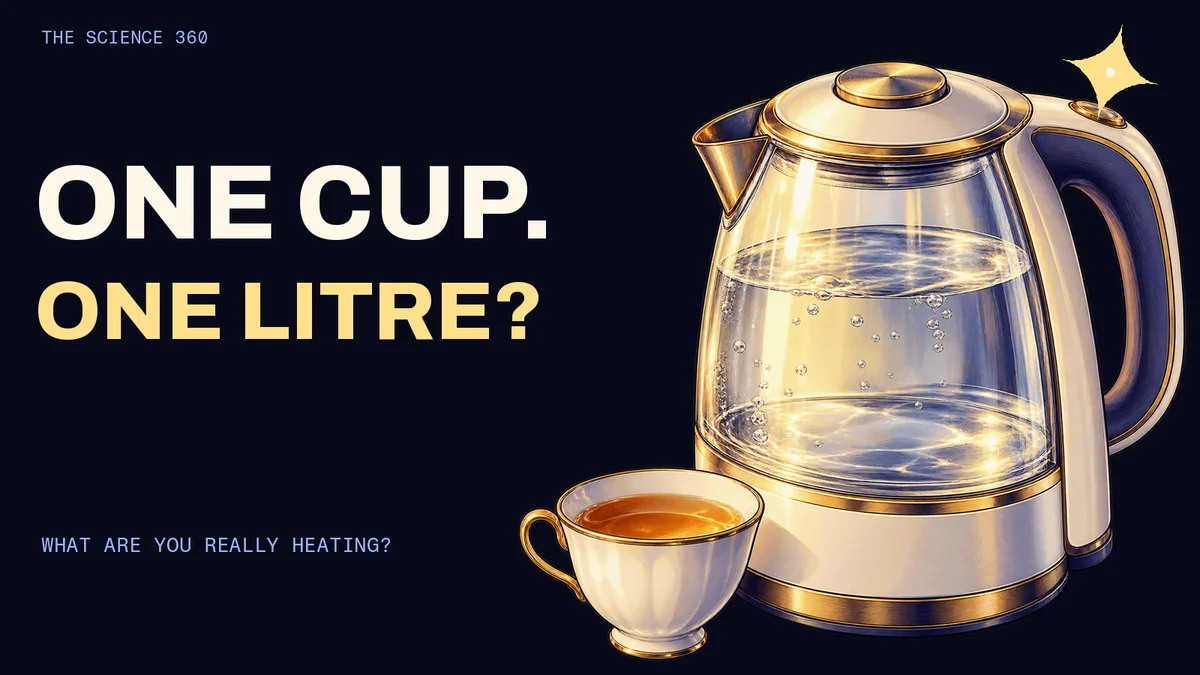 Illustration of a large kettle and a small cup, asking how much water is heated.