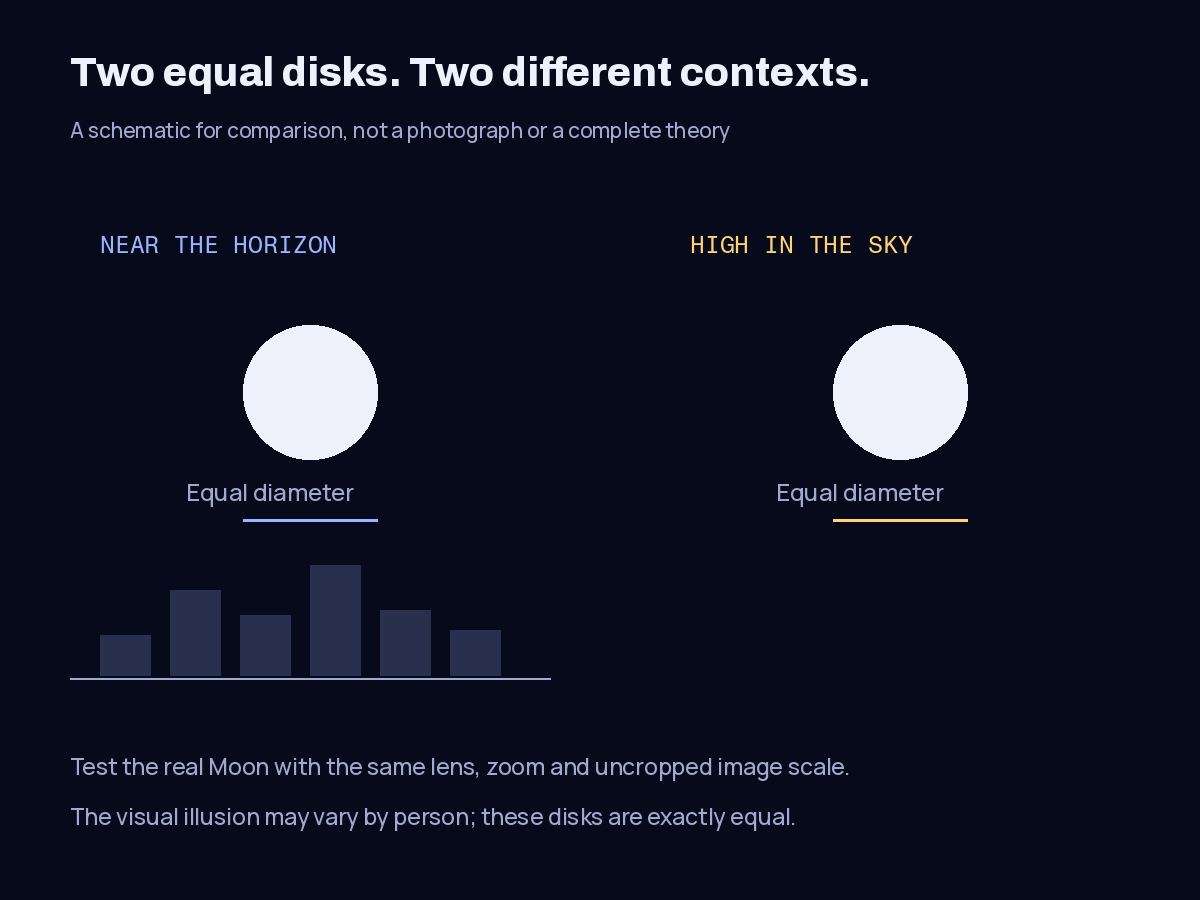 Two equal-size illustrated lunar disks shown with different surrounding contexts. Both have exactly the same drawn diameter.