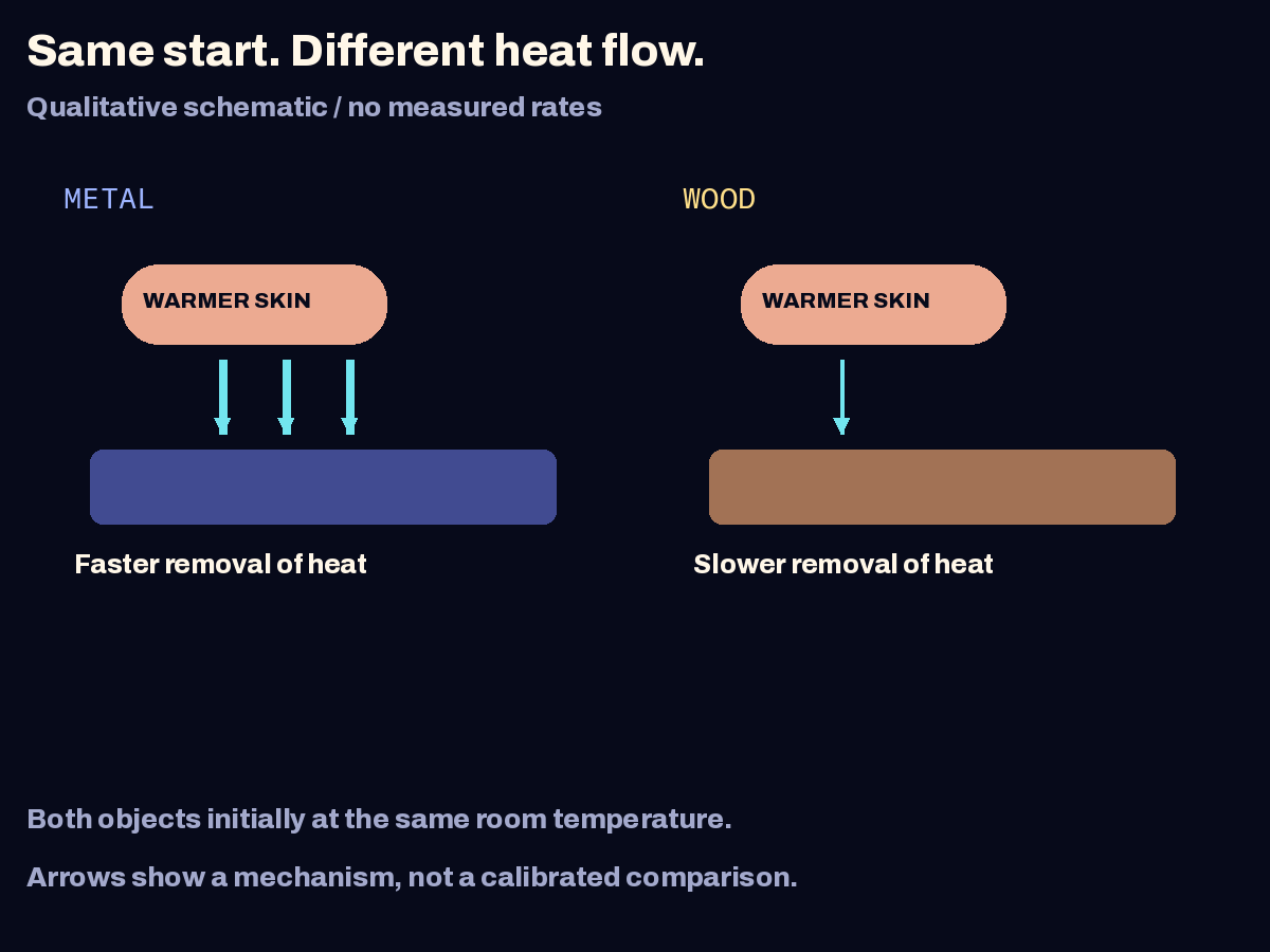 Original conceptual diagram: two objects begin at the same room temperature; a warmer hand transfers energy into both. More prominent arrows in the metal panel illustrate faster heat removal, while the wood panel shows slower heat removal. Arrow widths are qualitative, not measured rates.