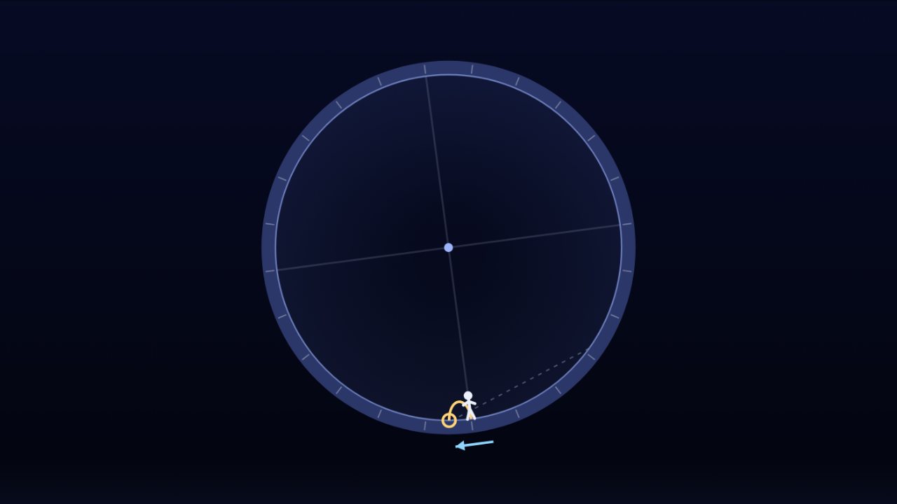 A spinning ring-shaped space station seen from above with a tiny person on the rim and a curving ball trail