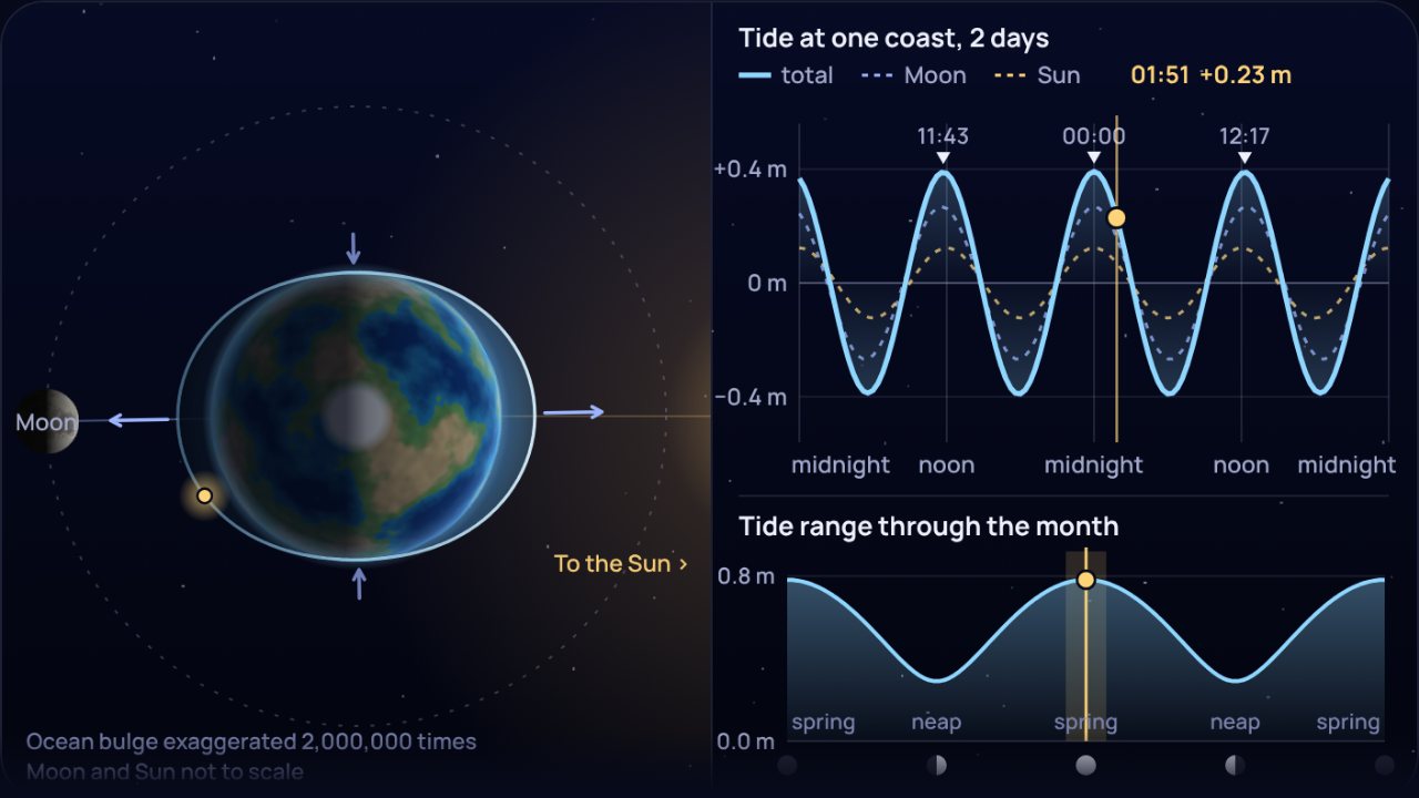Earth seen from above the pole with two ocean bulges lined up with the Moon, next to a two-day tide curve
