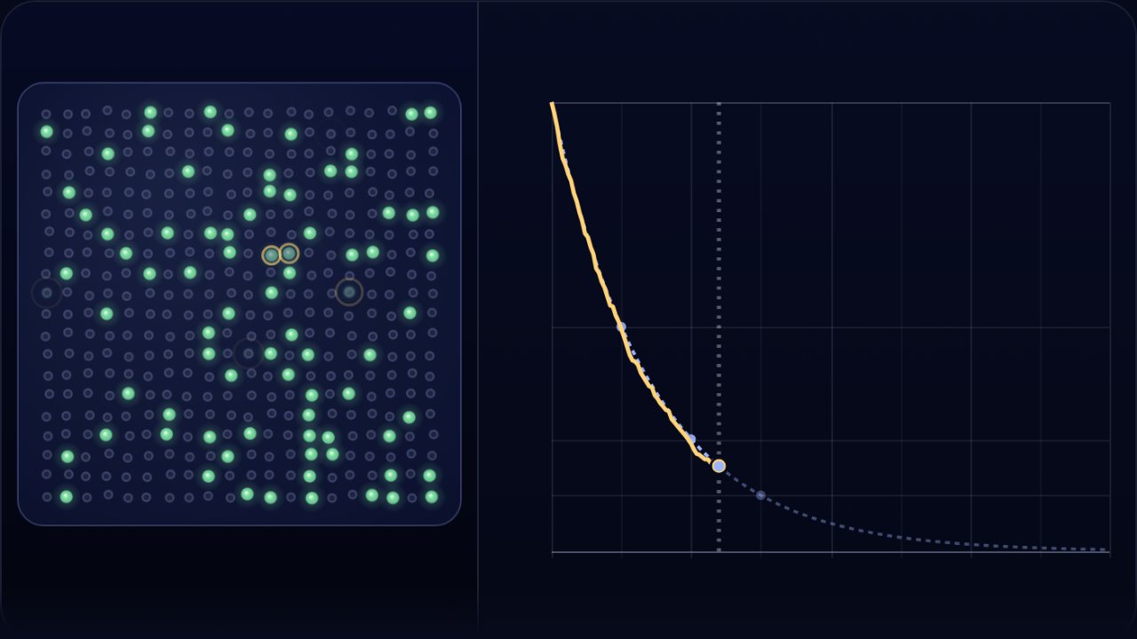 A square of glowing atoms, some decayed to faint rings, beside the exponential half-life curve
