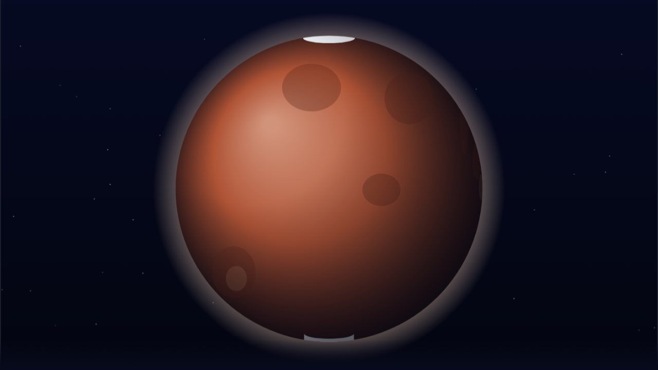 Mars as a rust-red disc with a thin glowing atmosphere