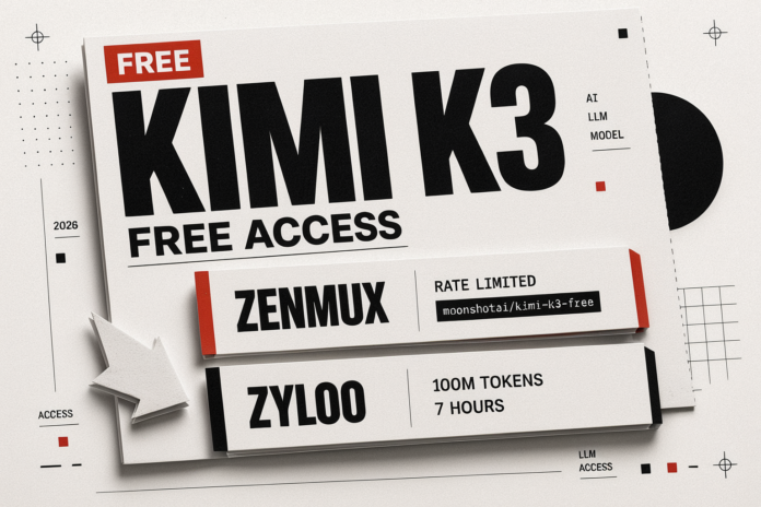thumbnail for Free Kimi K3 Access featuring bold Swiss brutalist typography, paper cutout design, Zenmux rate limited access, Zyloo 100M tokens for 7 hours, and minimalist black, white, and red layout